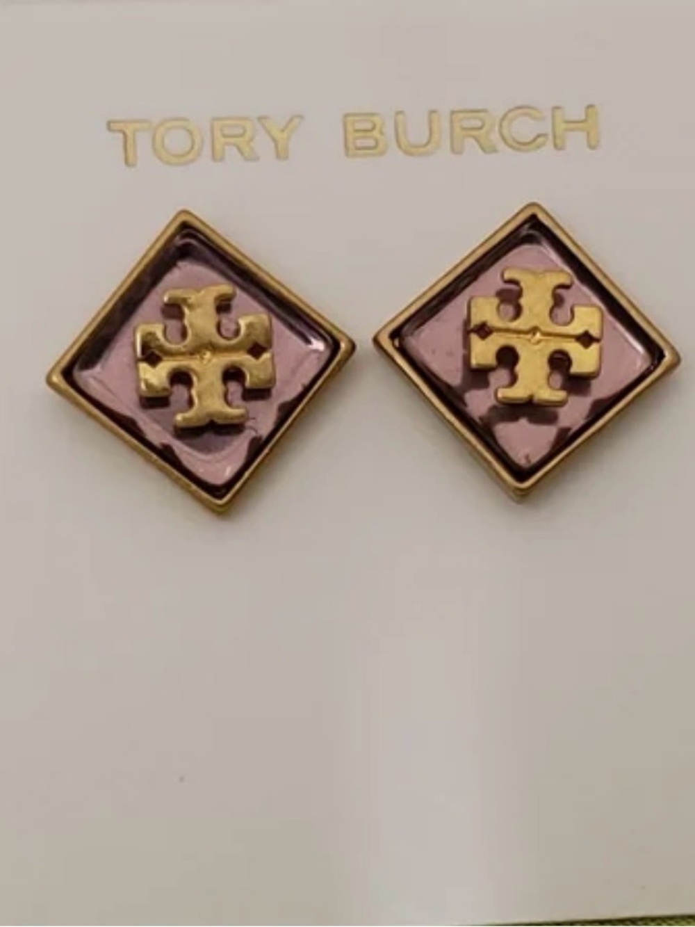 NEW Tory Burch gold tone logo Resin enamel Stud Earrings Diamond Shape